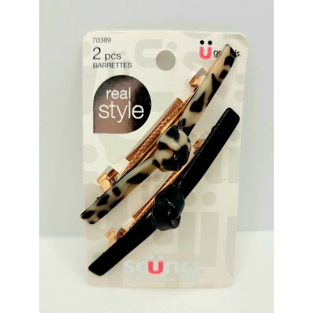 Scunci No Slip Grip Barrettes Set of 2 New Knot Bar Style Faux Tortoise Black